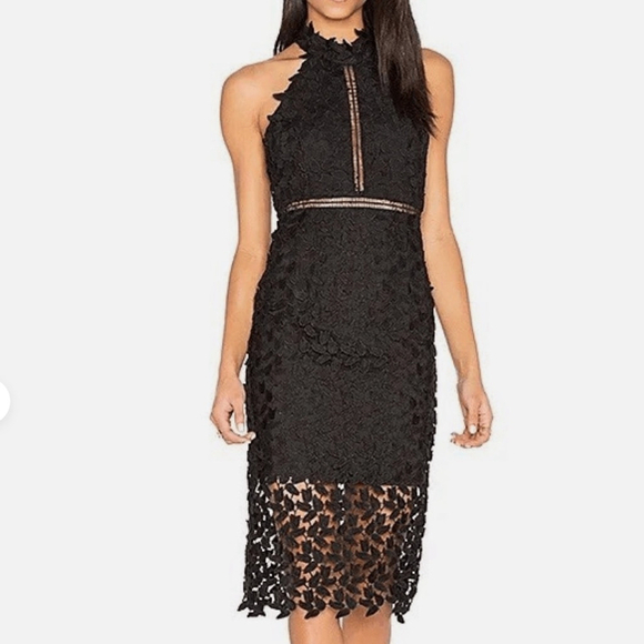 Bardot Dresses & Skirts - Bardot Black Lace Open Back Gemma Halter Knee Length Dress Size 4